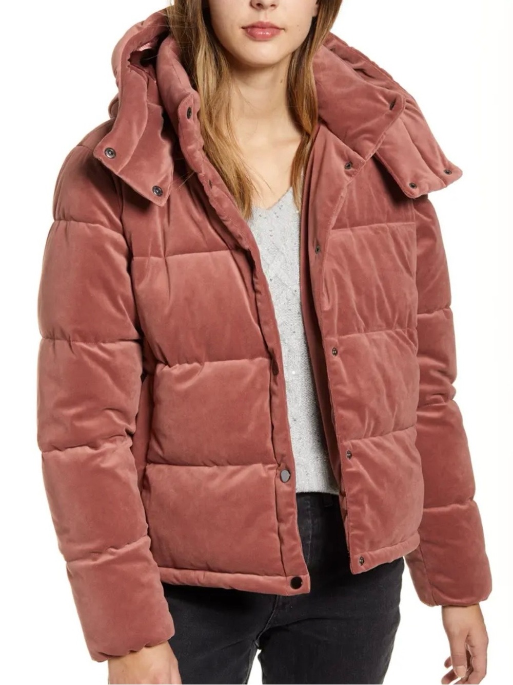 Rachel Parcell Velvet Puffer Jacket XS Dusty Rose Thick Quilted Removable Hood